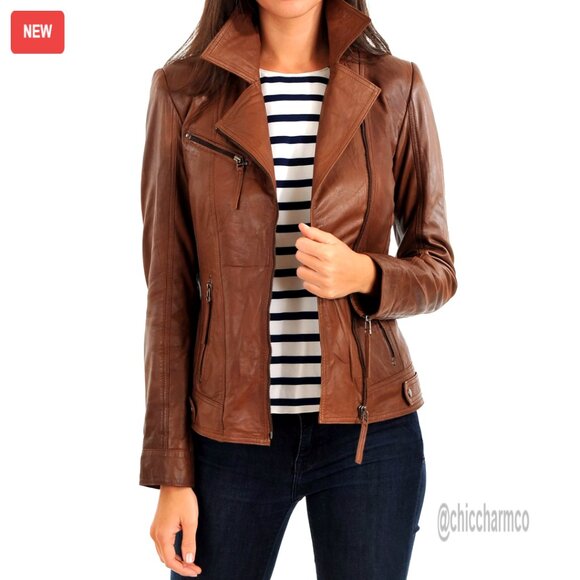 Lambskin Leather Bomber Biker Jacket Slim Fit Women's Outerwear